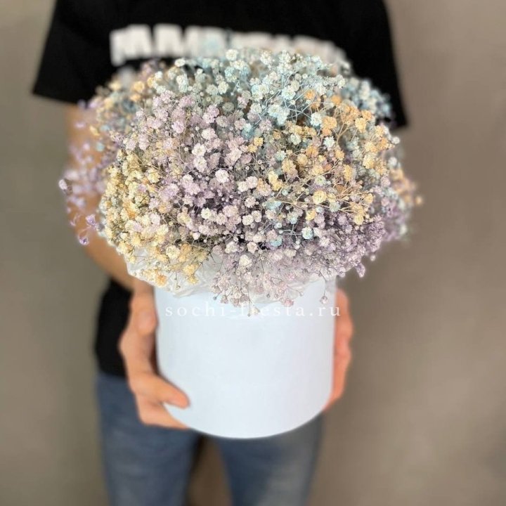 9 Радужных гипсофил в шляпной коробке в Саратове