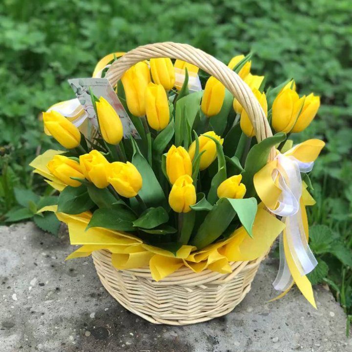 25 желтых тюльпанов в корзине в Саратове