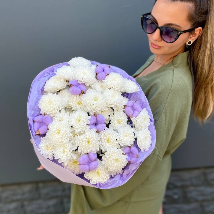  Букет  хризантем и хлопка в Саратове