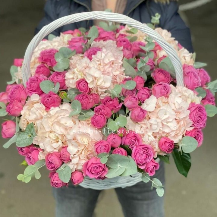 Корзина с гортензией и Мисти Баблс в Саратове